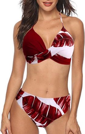 Generic Bikini Sets for Women UK Sale, Tummy Control Bikini Set with Brief, Leaf Print Knot Adjustable Women Racer Back Bikini Top with V Cross Bottom Birthda