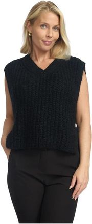 2-Biz Zwarte Gebreide Vest met Decoratieve Knopen - Dames - V-hals truien - Zwart - 2XL - Truien & Vesten