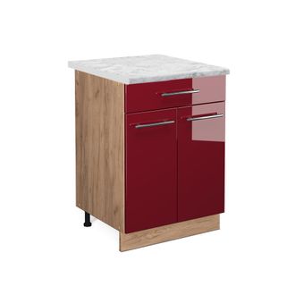 Vicco Mueble Bajo De Cocina Fame-line, Rojo Burdeos Alto Brillo, 60 Cm Con Caj&oacute;n, Et M&aacute;rmol Vicco