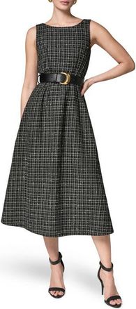 DKNY Check Tweed Belted Midi Dress in Black Cream at Nordstrom, Size 10