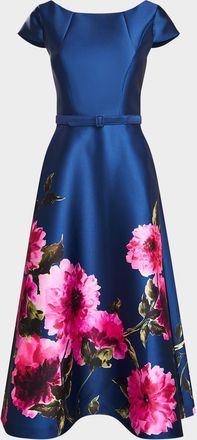 Kay Unger Ina Belted Tea-Length Floral Mikado Dress