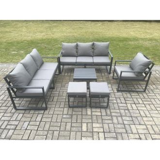 Fimous Fimous Aluminium 9 Seater Outdoor Garden Furniture Lounge Sofa Set with Square Coffee Table Chair 2 Small Footstools Dark Grey