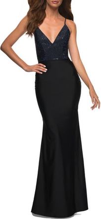 La Femme Jersey Dress with Rhinestone Beaded Top and V Neck in Black at Nordstrom, Size 00