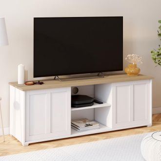 IDMarket Mueble Tv Jango 140 Cm Con 2 Puertas Correderas Blancas Y Encimera De Madera