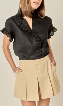 English Factory Ruffle Trim Linen Button-Up Shirt in Black at Nordstrom, Size X-Small