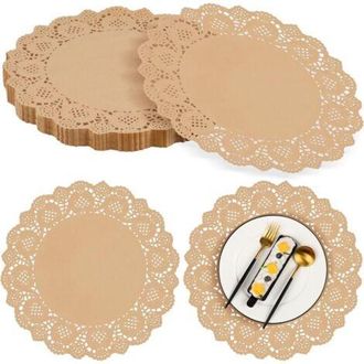 OEM Paquete De 100 Manteles Individuales Redondos De Papel Kraft Marr&oacute;n, 34 Cm, Con Estampado De Encaje, Desechables, Perfectos Para Cocinar, Decorar Past