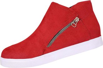 Generic Red Female Everyday Boots with Round Toe Side Zipper Flat for Leisure Activities Comfortable