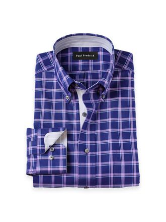 Paul Fredrick Slim Fit Traveler Cotton Blend Check Dress Shirt With Contrast Trim
