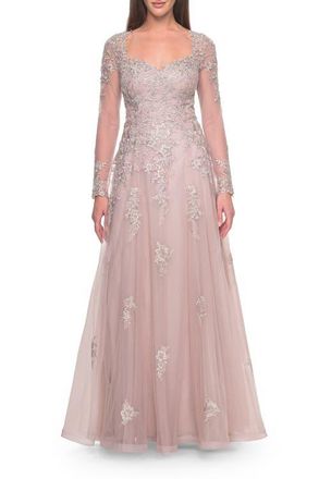 La Femme Beautiful A-line Tulle and Lace Long Sleeve Gown in Dusty Mauve at Nordstrom, Size 16