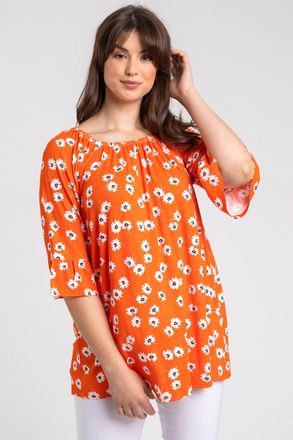 Roman Daisy Print Frill Sleeve Tunic Top