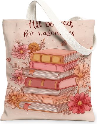Generic Floral Books Canvas Tote Bags, Vintage Flower Pattern Reusable Grocery Bags, Spring Linen Lightweight Washable Shoulder Str, Peach, 13x15 Inch