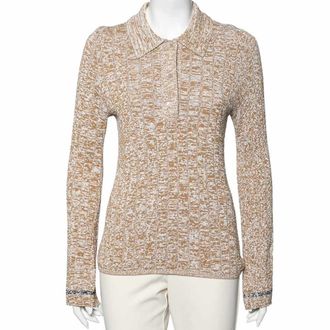 Joseph Beige Patterned Ribbed Knit Long Sleeve Polo Sweater
