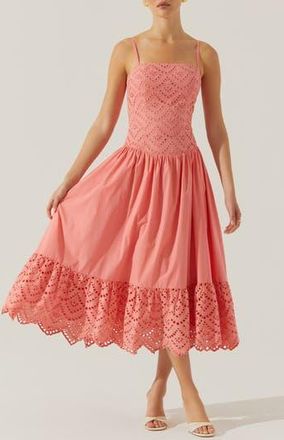 ASTR the Label Nathalia Eyelet Embroidered Cotton Midi Dress in Coral at Nordstrom Rack, Size X-Large