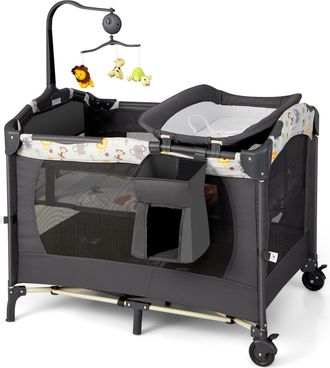 Costway Costway - Cuna De Viaje Plegable Para Beb&eacute; Cambiador Parque Infantil Cuna Con 3 Juguetes, Colch&oacute;n Caja De M&uacute;sica Y Bolsa De Transporte (gris Oscuro)