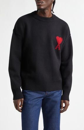Ami Ami de Coeur Monogram Crewneck Sweater in 009 Noir/rouge at Nordstrom, Size Xx-Large