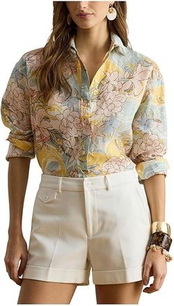 Lauren Ralph Lauren Linen Roll-Tab Sleeve Tunic Womens Clothing Cream/Blue/ : SM