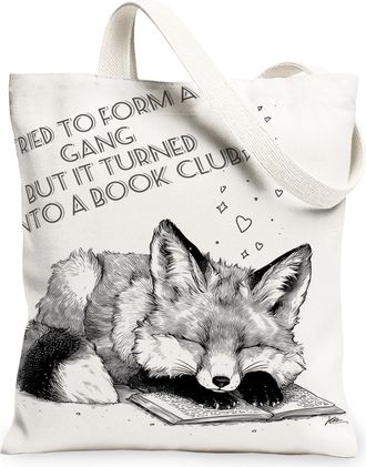 Generic Cute Fox Canvas Tote Bag, Vintage Animal Print Reusable Grocery Bag, Lightweight Washable Shoulder Strap Tote for Shopping, White, 13x15 Inch