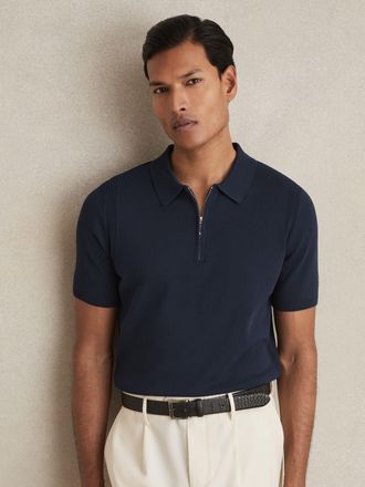 Reiss Mens Navy Blue Cotton Half-zip Knitted Polo Shirt, Size: M