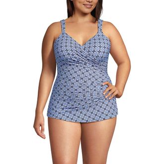Lands End SlenderSuit V-Neck Skirted Low Leg One Piece in Lake Blue Geo Floral at Nordstrom, Size 22W
