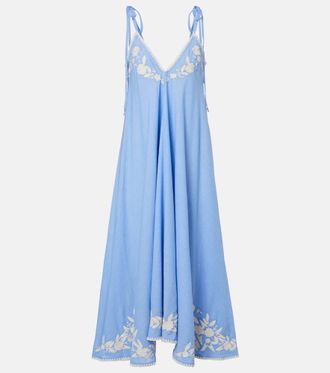 Juliet Dunn Embroidered cotton and linen chambray midi dress