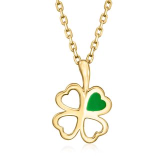 Ross-Simons Italian 14kt Yellow Gold Shamrock Pendant Necklace With Green Enamel
