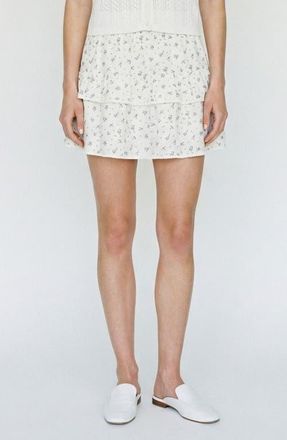 Vero Moda Trine Floral Tiered Organic Cotton Miniskirt in Snow White Aopmarguerite Blue at Nordstrom, Size X-Large
