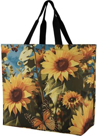 Generic Sunflowers And Butterflies Grocery Bag Handle Handbag Waterproof Tote Bags For Casual Beach Picnic