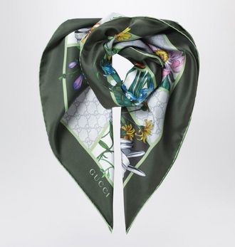 Gucci Green silk twill scarf with Flora print