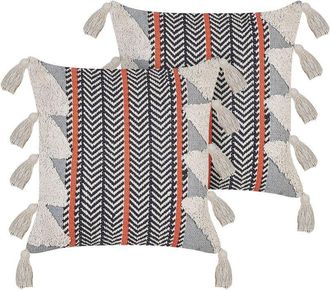 Beliani Conjunto De 2 Cojines De Algod&oacute;n Gris Negro Blanco Naranja 45 X 45 Cm Borlas Bouvardia