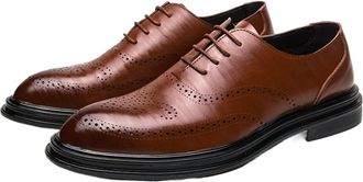 Generic Formal Dress Shoes for Men Lace Up Brogue Embossed Breathable Shoes Vegan Leather Block Heel Rubber Sole Anti-Slip Low Top Classic(Brown,6.5 UK)