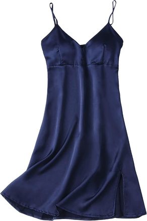 Generic Women Sexy Casual Suspender Nightgown Solid Color Sleepshirt with Removable Breast Pads Summer Pajamas Comfortable Loungewear (Navy, XL)