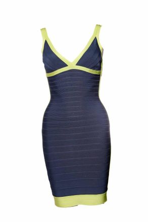 H&eacute;rve L&eacute;ger blue bodycon dress with lime green framing in size S