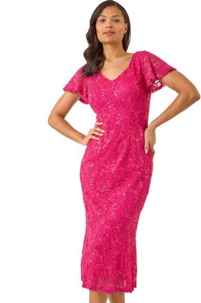 Roman Womens Sequin Lace Ruffle Midi Dress - Fuchsia - Size 10 UK