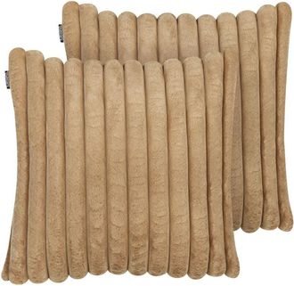 Beliani Set of 2 Decorative Cushions RAKYA Faux Fur 45 x 45 cm Light Brown Striped