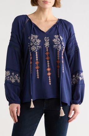 Forgotten Grace Embroidered Keyhole Long Sleeve Tunic Top in Navy at Nordstrom Rack, Size X-Large Regular