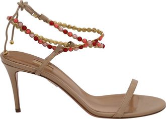 Aquazzura Livia 75 Beaded Sandals In Beige Leather
