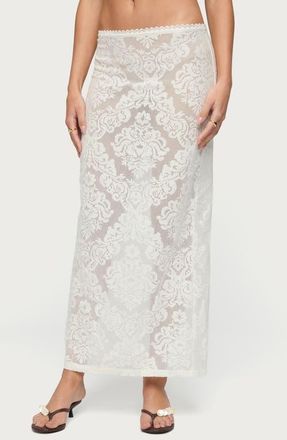 Edikted Violette Low Rise Sheer Lace Maxi Skirt in Cream at Nordstrom, Size Small