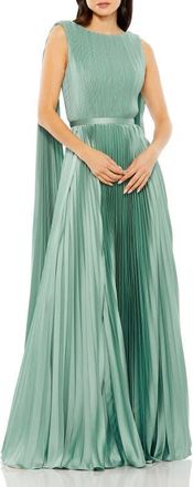 Mac Duggal Sleeveless High Neck Cape Back Heat Pleated Gown in Sage at Nordstrom, Size 10