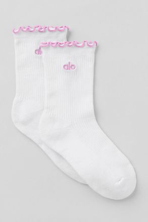 Alo | Womens Lettuce Edge Socks in White/Candy Heart Pink, Size: Medium/Large