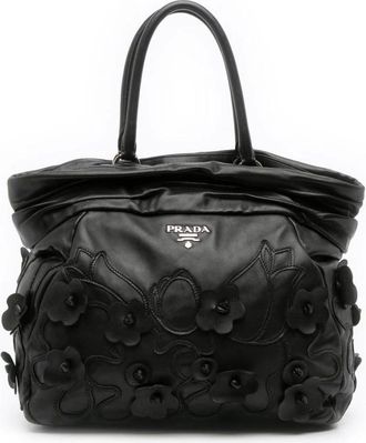 Prada Pre-owned Tote Bags, female, Black, Size: ONE SIZE Pre-owned Floral Appliqué Leather Tote