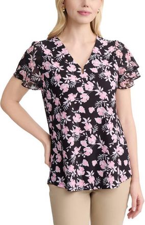 Jones New York Mixed Media Flutter Sleeve Top in Jones Black Multi at Nordstrom, Size Medium