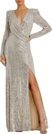 Mac Duggal Sequined Long Sleeve Faux Wrap Ruched Gown in Nude at Nordstrom, Size 14