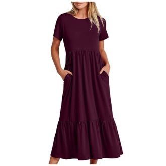 Generic Summer Dresses for Women Casual Short Sleeve Crew Neck Swing Flowy Maxi Dress Loose Party Holiday Summer Beach Dresses with Pockets Wine S