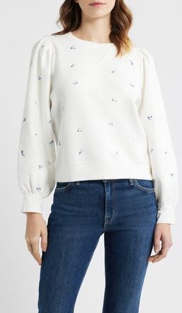 Rails Tiffany Floral Embroidered Balloon Sleeve Cotton Sweatshirt in Embroidered Blue Iris at Nordstrom, Size Xx-Small