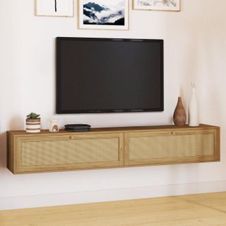 IDMarket Mueble Tv Suspendido Hanae 180 Cm 2 Puertas Efecto Ca&ntilde;a Natural
