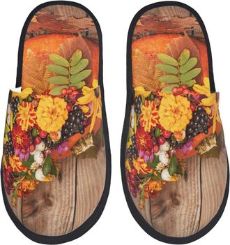 Generic Cotton Slippers Autumn Bouquet Pumpkin Furry Camping Slippers Warm Indoor Shoes For Indoor Winter Holiday L