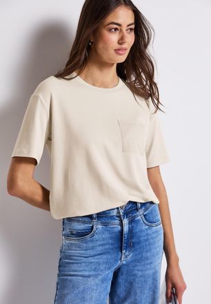 Street One T-Shirt STREET ONE, Damen, Gr. 38, weiss (slikstone wei&szlig;), Web, Obermaterial: 76% Viskose, 20% Modal, 4% Elasthan, unifarben, regular fit taillenbedec