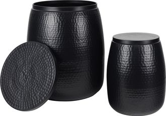 Happimess Merida Modern Rustic 2-Piece Hammered Metal Drum Storage Side Tables with Lids in Matte Black at Nordstrom
