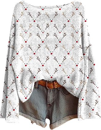 Generic christmas jumpers for women uk Womens Christmas Tree Sweatshirts UK Long Sleeve Novelty Funny Print Jumper Oversized Crewneck Xmas Holiday Casual Shir