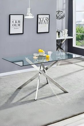 Living and Home 70cmD Stylish Tempered Glass Coffee Table Rectangular Dining Table with Chrome Cross Legs in Clear